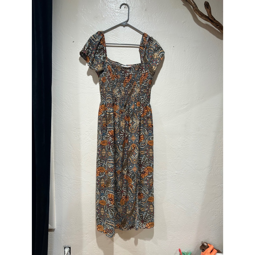 Ellison Womens Blue Orange Floral Paisley Smocked Midi Dress Square Neck‎ Large